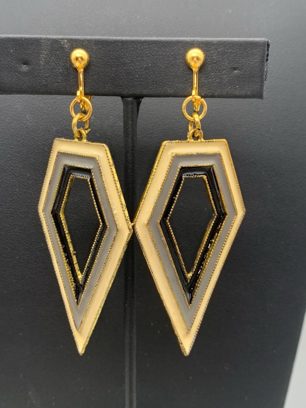 Gold-Tone Black and Cream Geometric Drop clip on MCM style Earrings - Unbranded